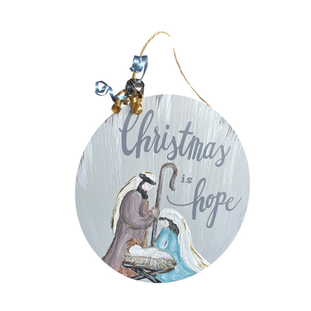 Rustic Christmas Wall Hanging Round Wood Sign Nativity "Christmas is‎ Hope"